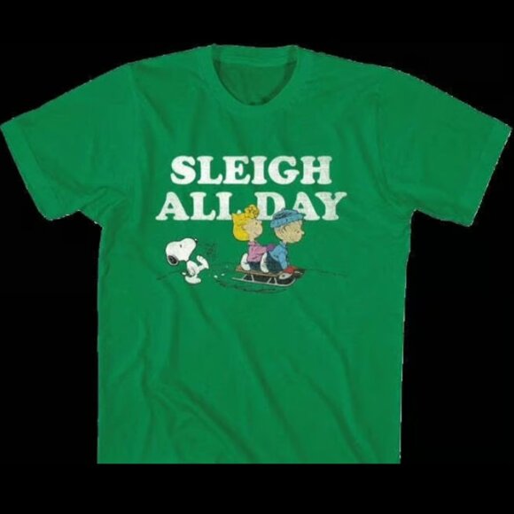 Peanuts Snoopy "Sleigh All Day" Christmas T-Shirt Adults Unisex Small Green - Picture 1 of 2